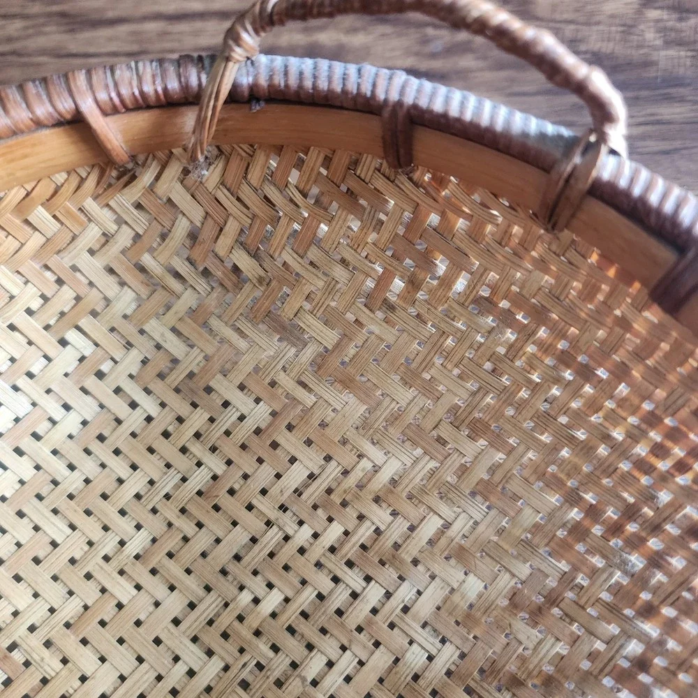 Vintage Round Bamboo Wicker Winnowing Basket fruit Bowl harvest ratton